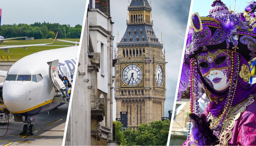 Samolot na wrocławskim lotnisku | wieża zegarowa Big Ben w Londynie | postać w kostiumie i masce w Wenecji