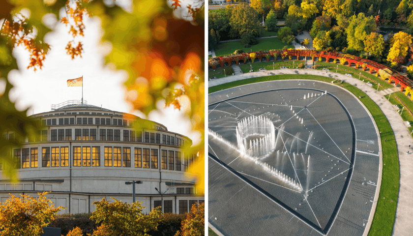Zestawienie dwóch zdjęć: jesień we Wrocławiu - Hala Stulecia (z lewej) i Pergola - widok z góry.