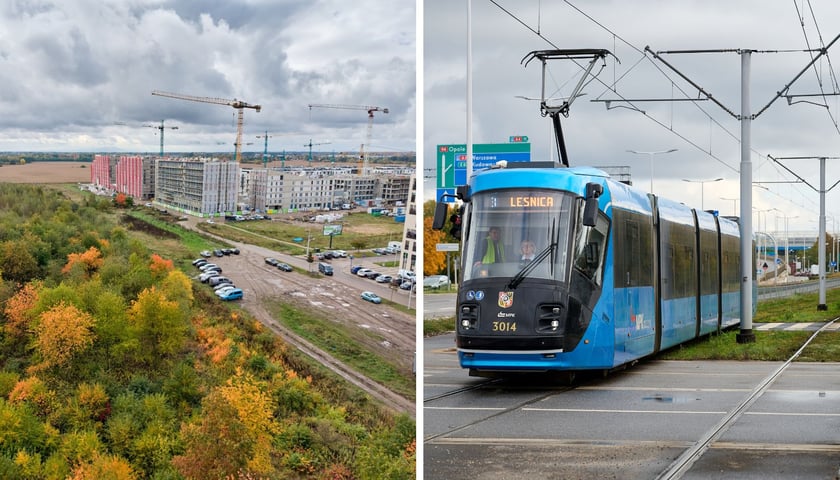 Na lewym zdjęciu Nowe Żerniki z lotu ptaka i teren, na którym powstanie zajezdnia tramwajowa. Na lewym tramwaj na ul. Kosmonautów przy skrzyżowaniu z al. Architektów