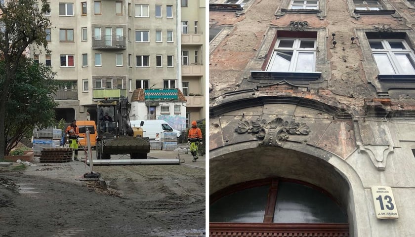 Zdjęcie podzielone na pół: po lewej stronie prace przy renowacji podwórka między ulicami  Wapienną, Kamienną, Gajową i Przestrzenną; po prawej fasada kamienicy przy ul. św. Jerzego 13.