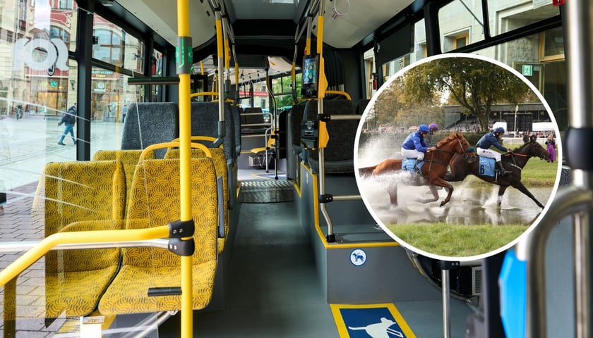 Zdjęcie wnętrza autobusu miejskiego z nałożonym okrągłym zdjęciem koni i jeźdźców podczas gonitwy.