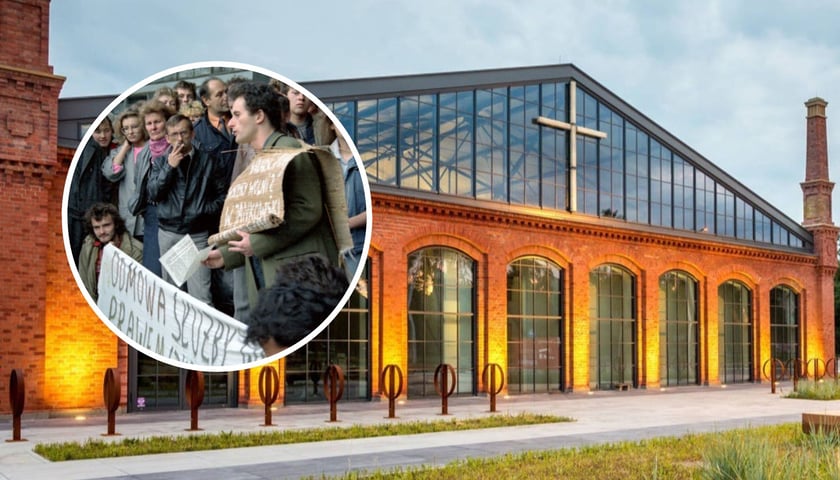 W tle budynek Centrum Historii Zajezdnia. W kółku - uczestnicy ruchu Wolność i Pokój, zdjęcie archiwalne