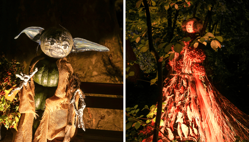 Dyniowe iluminacje w Ogrodzie Botanicznym. Rzeźby dwóch postaci.