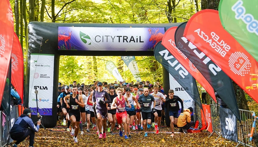 Uczestnicy biegu w cyklu City Trail w Lesie Osobowickim. Na zdjęciu start biegu w lesie