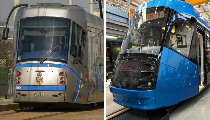 Po lewej stronie zdjęcie Skody 19T przed modernizacją, po prawej po modernizacji.