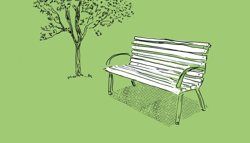 Ławka i drzewo. Grafika ilustracyjna.