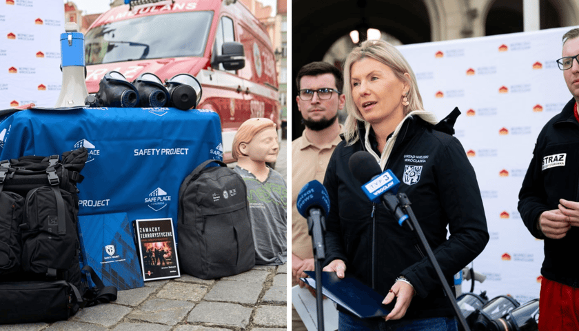 Po lewej: zestaw szkoleniowy. Po prawej: Marcin Kożuszek - wiceprezes Safety Project, Renata Granowska - wiceprezydent Wrocławia oraz Marcin Stachowiak - prezes Ochotniczej Straży Pożarnej, grupa ratownictwa specjalistycznego „Starówka”