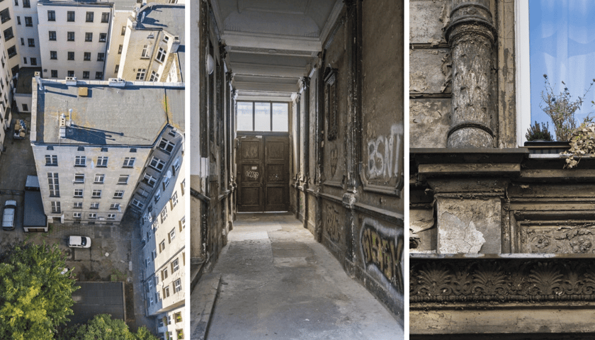 Po lewej: widok z lotu ptaka na kamienice do remontu, w środku, klatka schodowa, po prawej, rośliny w donicach i fragment elewacji kamienicy z Rejtana, październik 2025