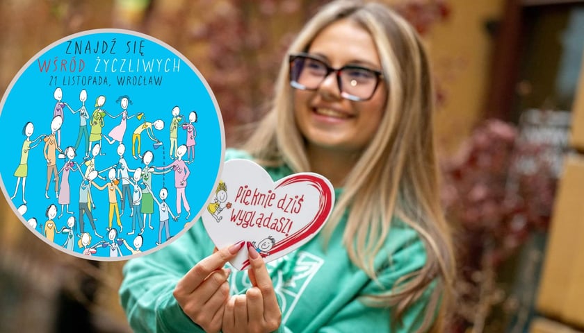 Na dużym zdjęciu uśmiechnięta kobieta trzyma serce z napisem „Pięknie dziś wyglądasz”, na małym zdjęciu w kółku plakat tegorocznej edycji autorstwa Jana Tylkowskiego