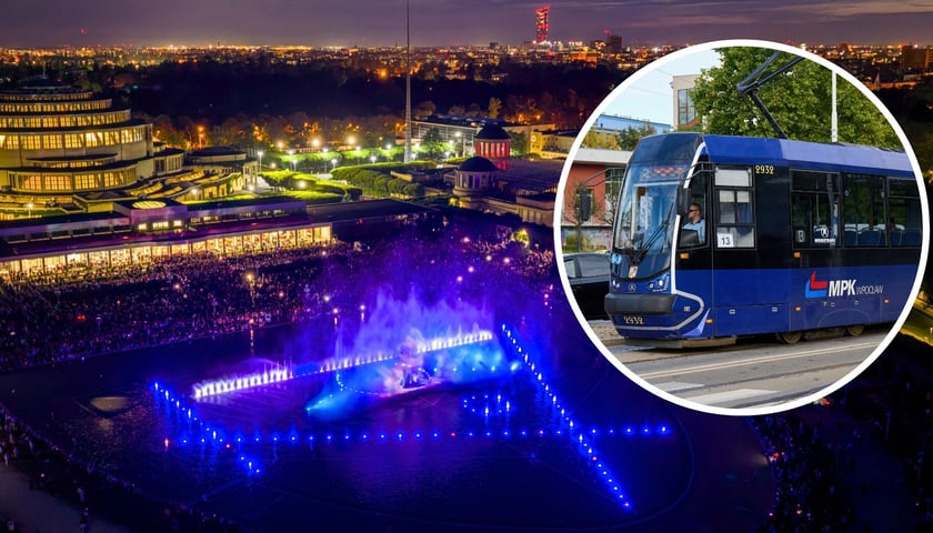 W tle: pokaz fontanny, w kółku: tramwaj