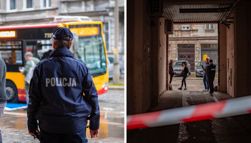 Zdjęcie dzielone na pół: po lewej policjant zabezpieczający miejsce, gdzie znaleziono niewybuch; po prawej wejście na podwórko, gdzie przy okazji remontu znaleziono niewybuch.