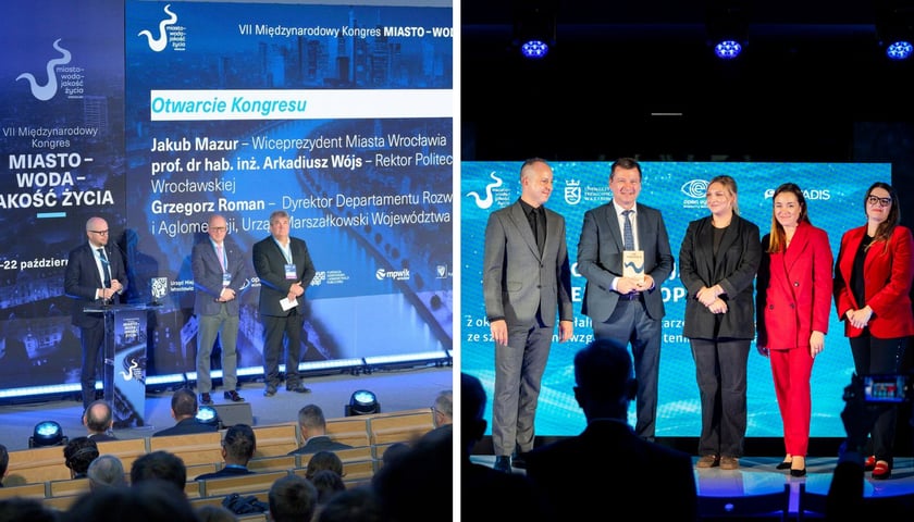 Zdjęcie dzielone na pół: po lewej otwarcie Kongresu Miasto - Woda - Jakość Życia na Politechnice Wrocławskiej; po prawej przedstawiciele MPWiK i Hydropolis z nagrodą specjalną.
