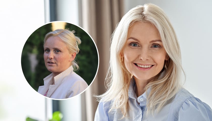 W owalu aktorka Kinga Preis, w tle uśmiechnięta kobieta w średnim wieku