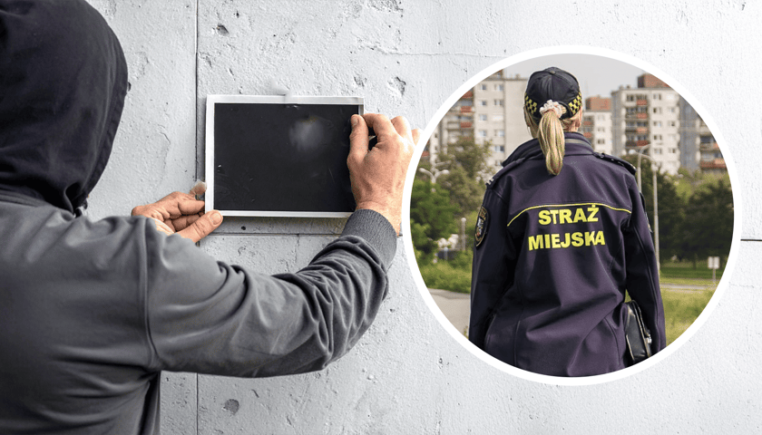 W tle - mężczyzna przyklejający kartkę na murze, zdjęcie ilustracyjne. W kółku, strażniczka miejska, zdjęcie ilustracyjne.