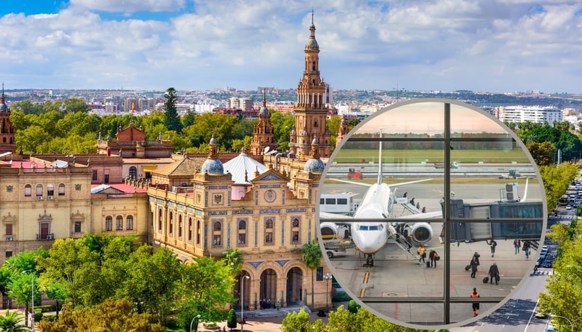Panorama Sewilli | samolot Ryanaira na wrocławskim lotnisku widziany przez szybę terminala