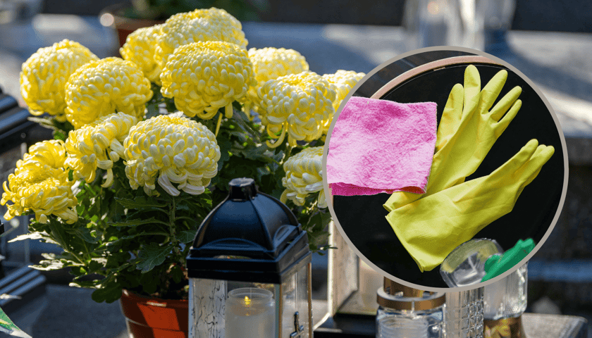 Znicze i kwiaty na grobie, w kółeczku przedmioty przydatne w porządkach - rękawice, ściereczka
