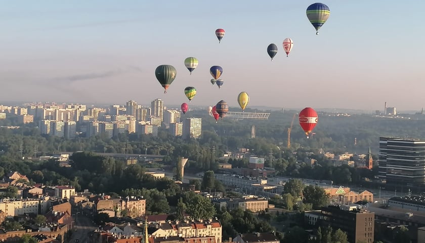 Balony lecące nad miastem w pogodny dzień.