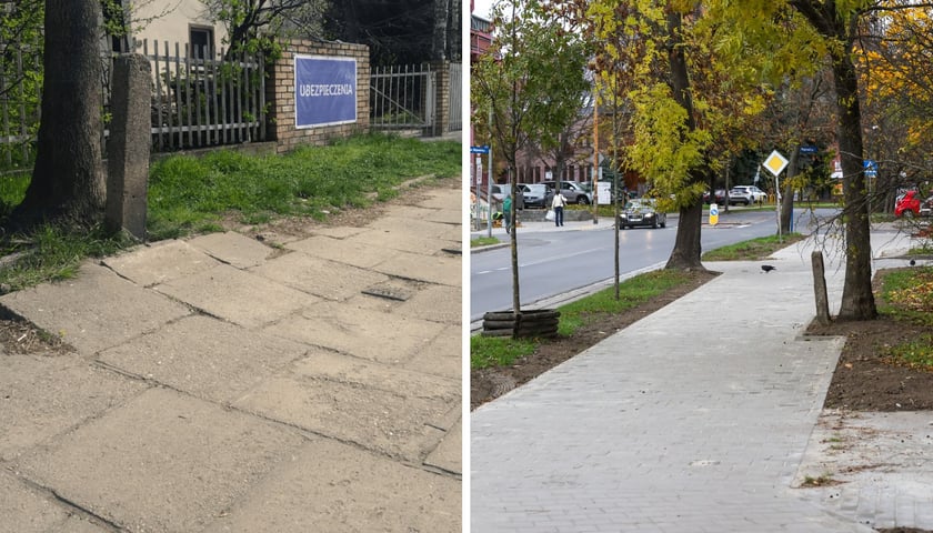 Zdjęcie dzielone na pół: po lewej chodnik na ul. Gubińskiej przed remontem; po lewej - wyremontowany chodnik na ul. Gubińskiej.