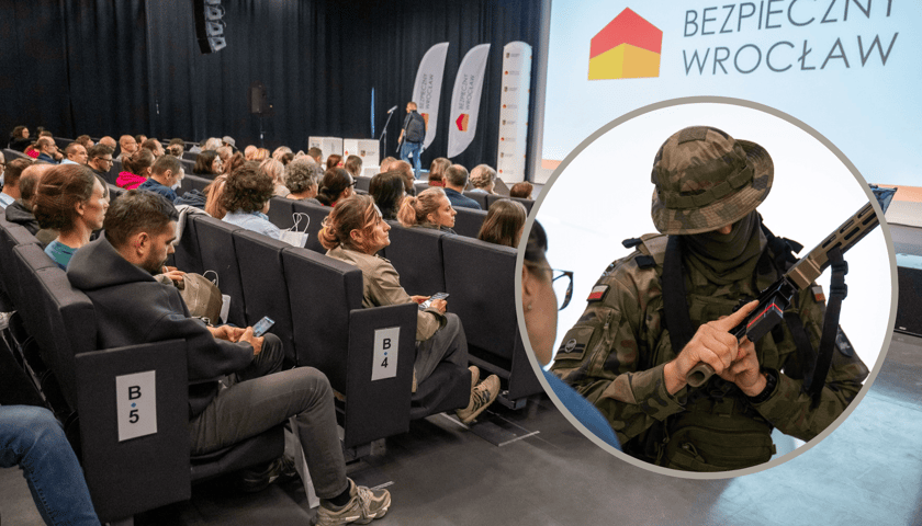 Ludzie zgromadzeni w Centrum Kongresowym Hali Stulecia, w kółku żołnierz z bronią