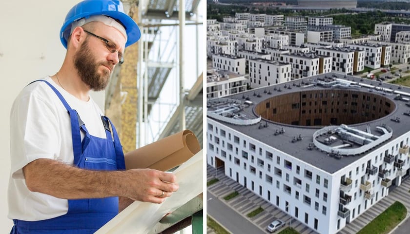 Mężczyzna w kasku na budowie, budynek TBS Wrocław na Nowych Żernikach, zdjęcie z drobna