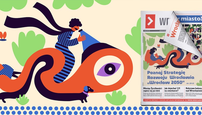 Grafika wykonana do zilustrowania Strategii Rozwoju Wrocławia "Wrocław 2050" - dwie postacie (kobieta i mężczyzna) na napisie WRO