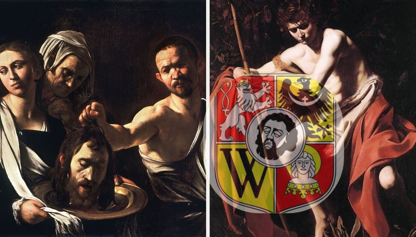 Ścięta głowa Jana Chrzcicieli trzymana za włosy przez mężczyznę i Salome z tacą na obrazie Caravaggia | herb Wrocławia z głową św. Jana Chrzciciela na centralnym polu | młody Jan Chrzciciel opasany skórą wielbłąda i wspierający się na drewnianym krzyżu na obrazie Caravaggia 