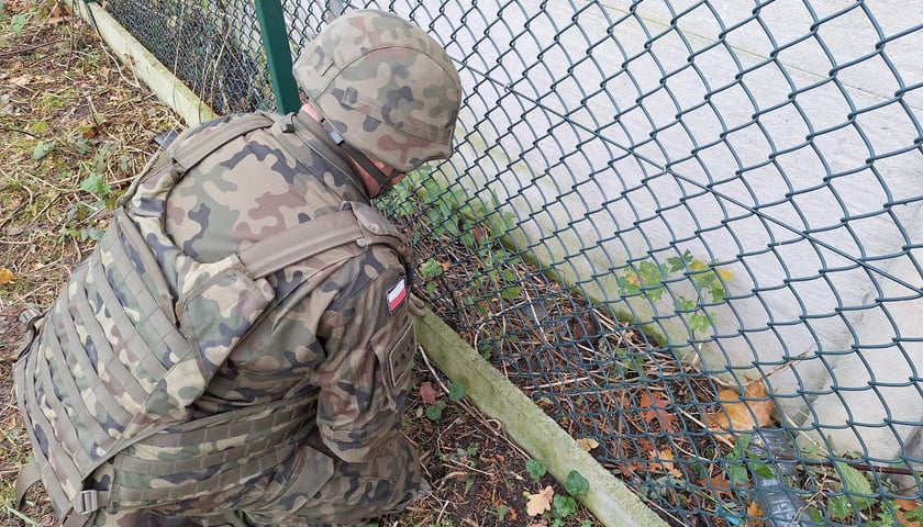 Żołnierz usuwa niewybuch na cmentarzu Osobowickim