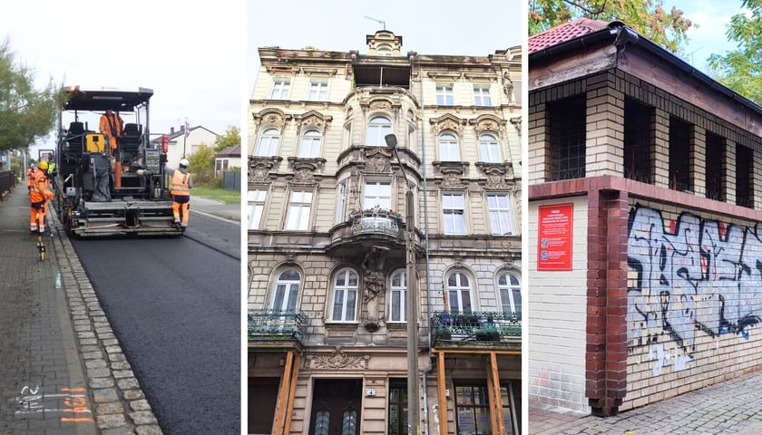 na zdjęciu z lewej maszyna budowlana na ul. Opolskiej, w środku kamienica na ul. Wysokiej, z prawej osłona śmietnikowa przy Igielnej 