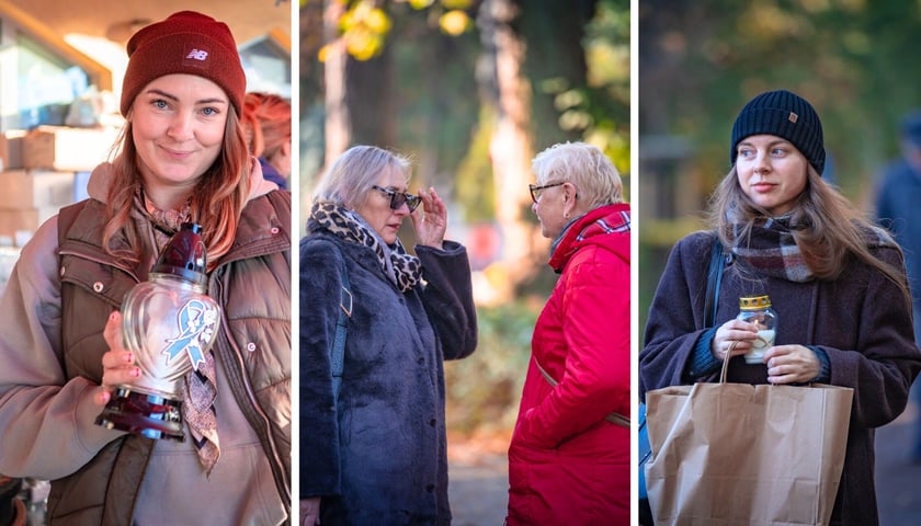 Dwie kobiety ze zniczami i dwie inne rozmawiające ze sobą kobiety na alejce na cmentarzu Osobowickim, 1 listopada 2025