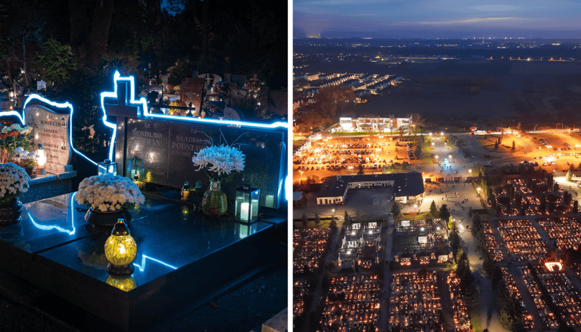 Cmentarze: Grabiszyński (po lewej) i na Psim Polu (po prawej) nocą