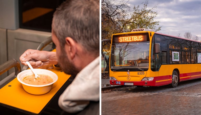 Po lewej: mężczyzna jedzący zupę, po prawej: streetbus