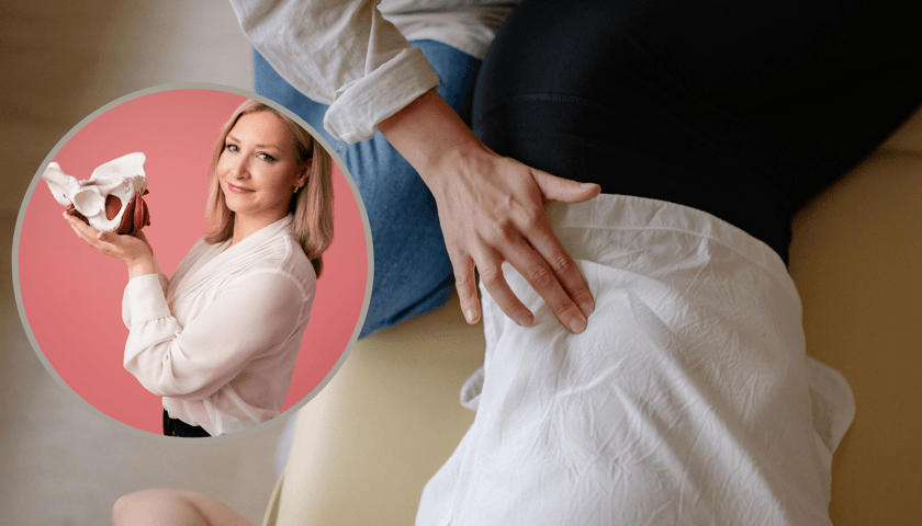 Zdjęcie z sesji fizjoterapii - dłoń terapeutki na ciele kobiety, w kółku Iga Daniszewska-Jarząb z modelem medycznym w dłoniach