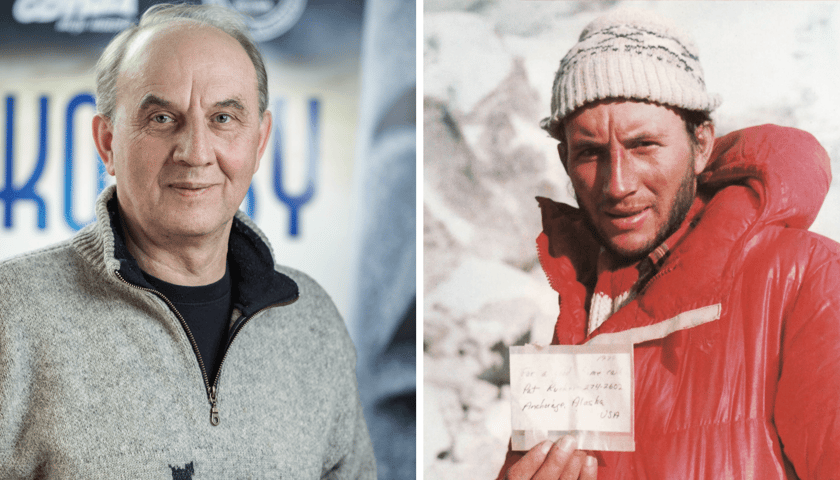 Kolaż 2 zdjęć: himalaista Leszek Cichy obecnie i 17 lutego 1980 roku. Na zdjęciu z prawej Leszek Cichy prezentuje notatkę którą w 1979 Ray Genet zostawił na wierzchołku Mount Everest. 