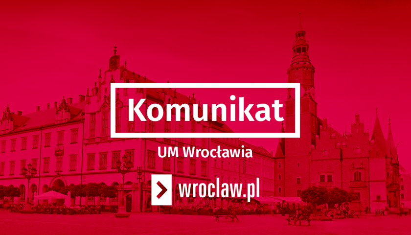 Czerwona plansza z napisem "Komunikat UM Wrocławia". Grafika ilustracyjna