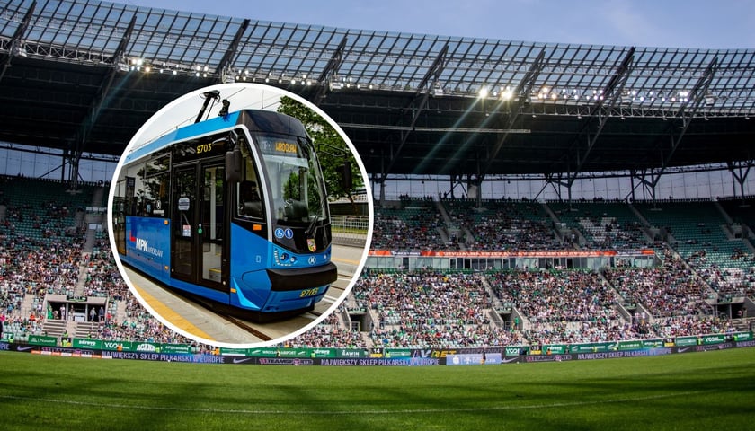 Ilustracja przedstawia stadion piłkarski, a na mniejszym zdjęciu tramwaj MPK