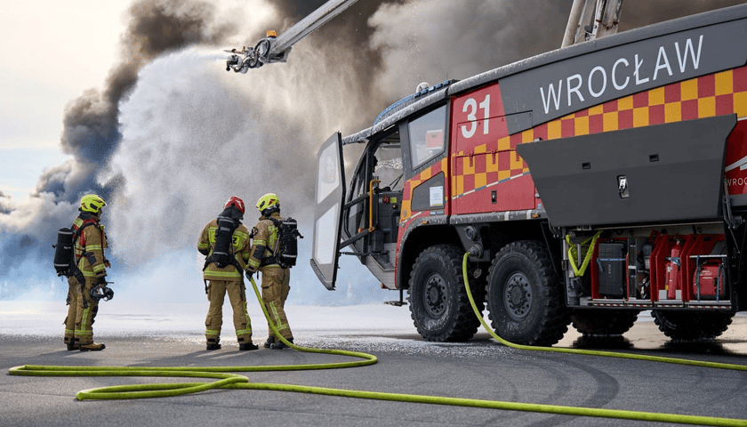 Strażacy gaszą pożar przy autobusie, który imituje samolot, podczas ćwiczeń służb na pasie startowym na lotnisku, 5 listopada 2025