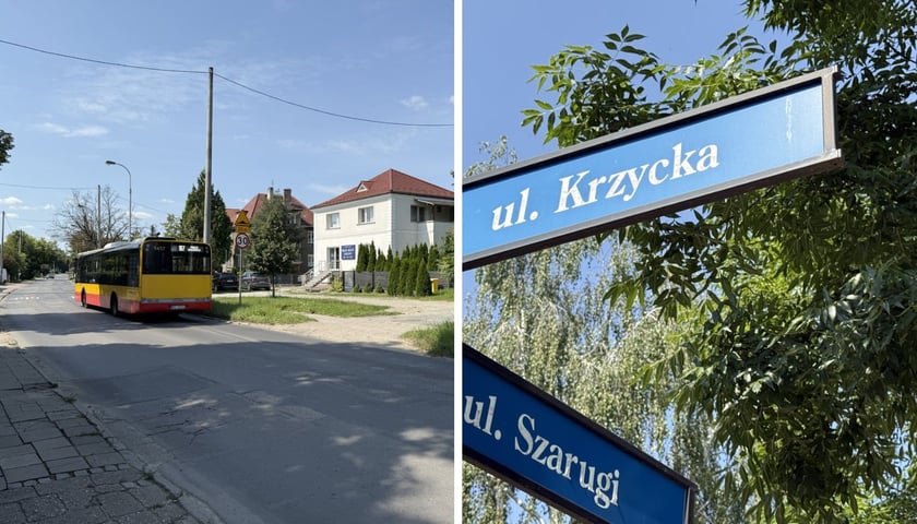 Widok na ul. Krzycką z autobusem | tablice ul. Krzyckiej i Szarugi