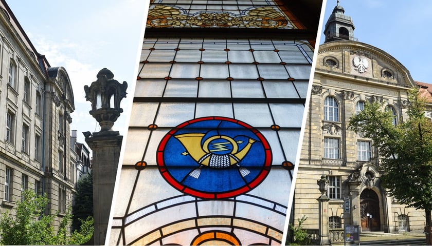 Neobarokowy zabytek przy Powstańców Śląskich z zewnątrz oraz witraż z godłem poczty w środku