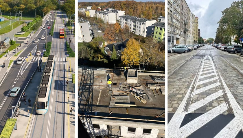 Zdjęcie dzielone na trzy części - od lewej - wizualizacja linii tramwajowej na Swojczyce; w środku budowa domu w ramach inwestycji Leśnica X; z prawej - wodok na odcinek ul. Zielińskiego, który zostanie przebudowany.