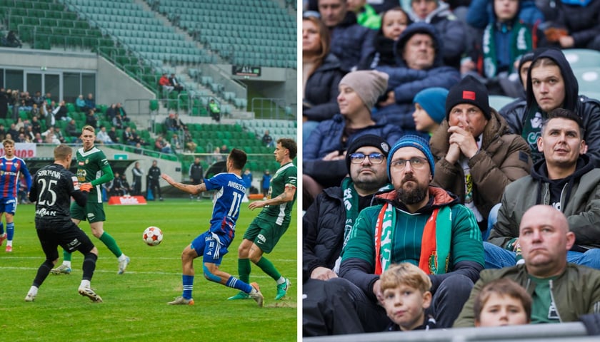 Zdjęcie dzielone na pół: po lewej akcja piłkarzy na boisku, po prawej - kibice na trybunach. Mecz Śląsk Wrocław - Polonia Bytom.