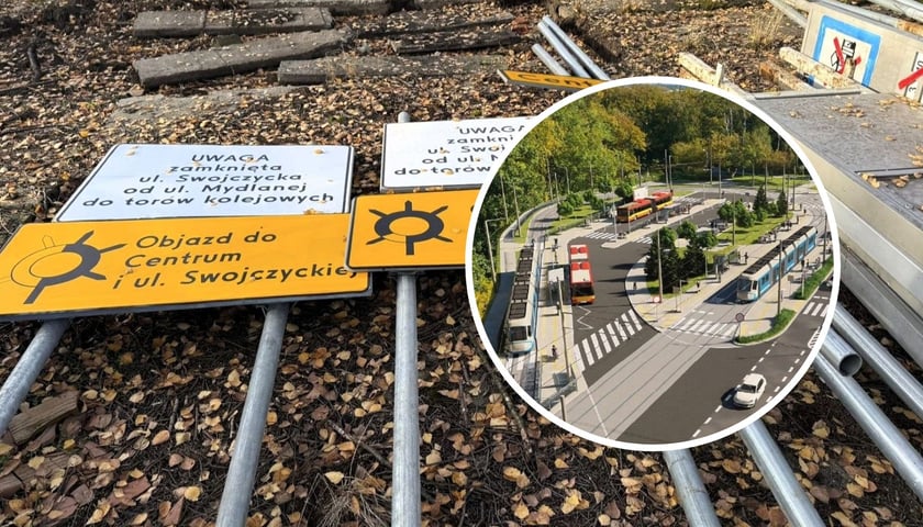 Na zdjęciu (fot. WI) przygotowane do montażu tablice informujące o objeździe związanym z budową tramwaju na Swojczyce. Wizualizacja w kółku przedstawia przebudowaną pętlę na Sępolnie (wizualizacja: Grzegorz Kilian)