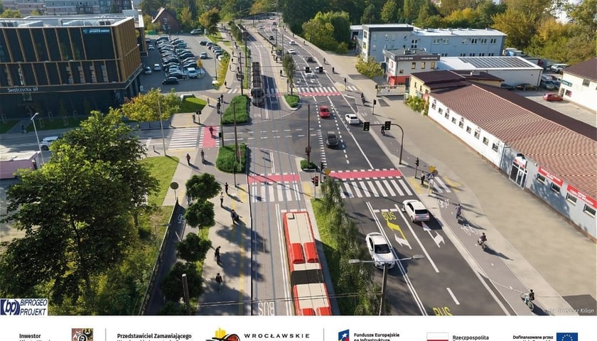 Ulica Swojczycka z wybudowaną trasą autobusowo-tramwajową