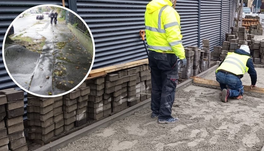 Zdjęcie z nałozonym kadrem okrągłym - w kole widok zniszczonego chodnika na ul. Jaworowej; na zdjęciu głównym budowa nowego chodnika.