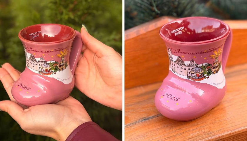 na dwóch zdjęciach kubeczek bucik, który jest gadżetem tegorocznego Jarmarku Bożonarodzeniowego we Wrocławiu 
