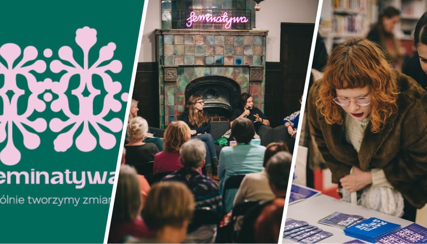 Trzy zdjęcia, z lewej fragment plakatu festiwalu z hasłem tegorocznym, w środku spotkanie podczas ubiegłorocznego festiwalu, z prawej uczestniczki festiwalu przeglądające materiały  