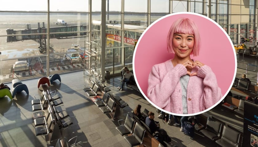 W tle: wrocławskie lotnisko, w kółku: uśmiechnięta kobieta z Korei (zdjęcie ilustracyjne)