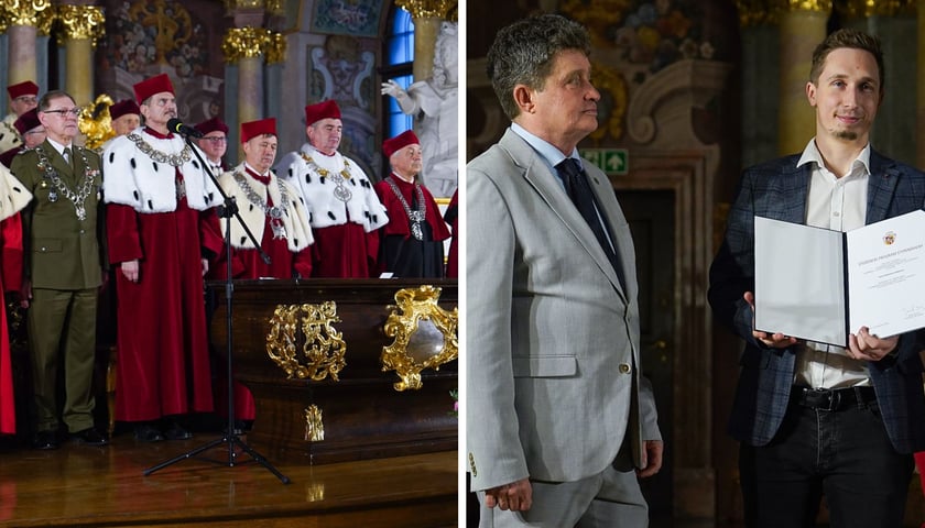 Zdjęcie dzielone na pół: po lewej naukowcy w togach w Auli Leopoldina; po prawej Ryszard Kessler, wiceprezydent Wrocławia wręcza stypendium laureatowi Studenckiego Programu Stypendialnego.