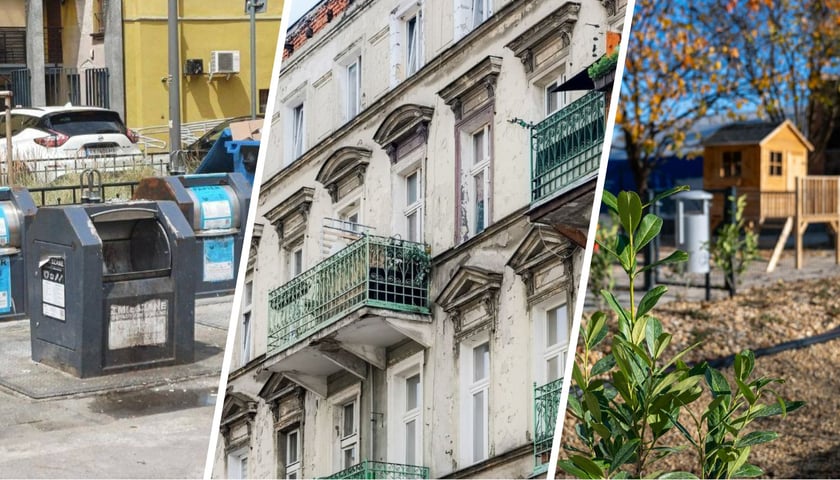 Trzy zdjęcia, od lewej podziemny system koszy na odpady, kamienica przy Grunwaldzkiej 3-5, podwórko przy ul. Wilczej