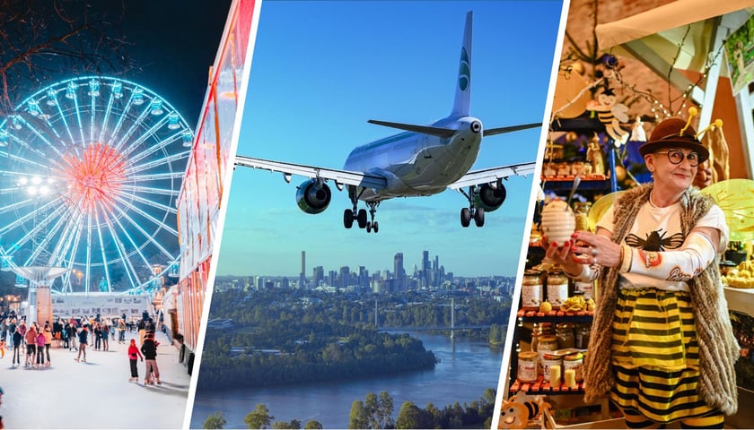 Koło na jarmarku w Oslo, lecący samolot i handlarka z produktem na jarmarku w Gdańsku