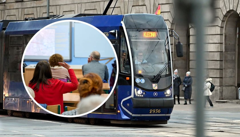 Zdjęcie ilustracyjne: tramwaj MPK jadący w kierunku pętli "Klecina". Pętla o tej nazwie znajduje się na osiedlu Krzyki, tuż przy granicy z Kleciną. Nowa trasa będzie przecinać północną część Kleciny i kończyć się na Oporowie. Na małym zdjęciu, w kółku, spotkanie informujące mieszkańców o wyniku konsultacji 